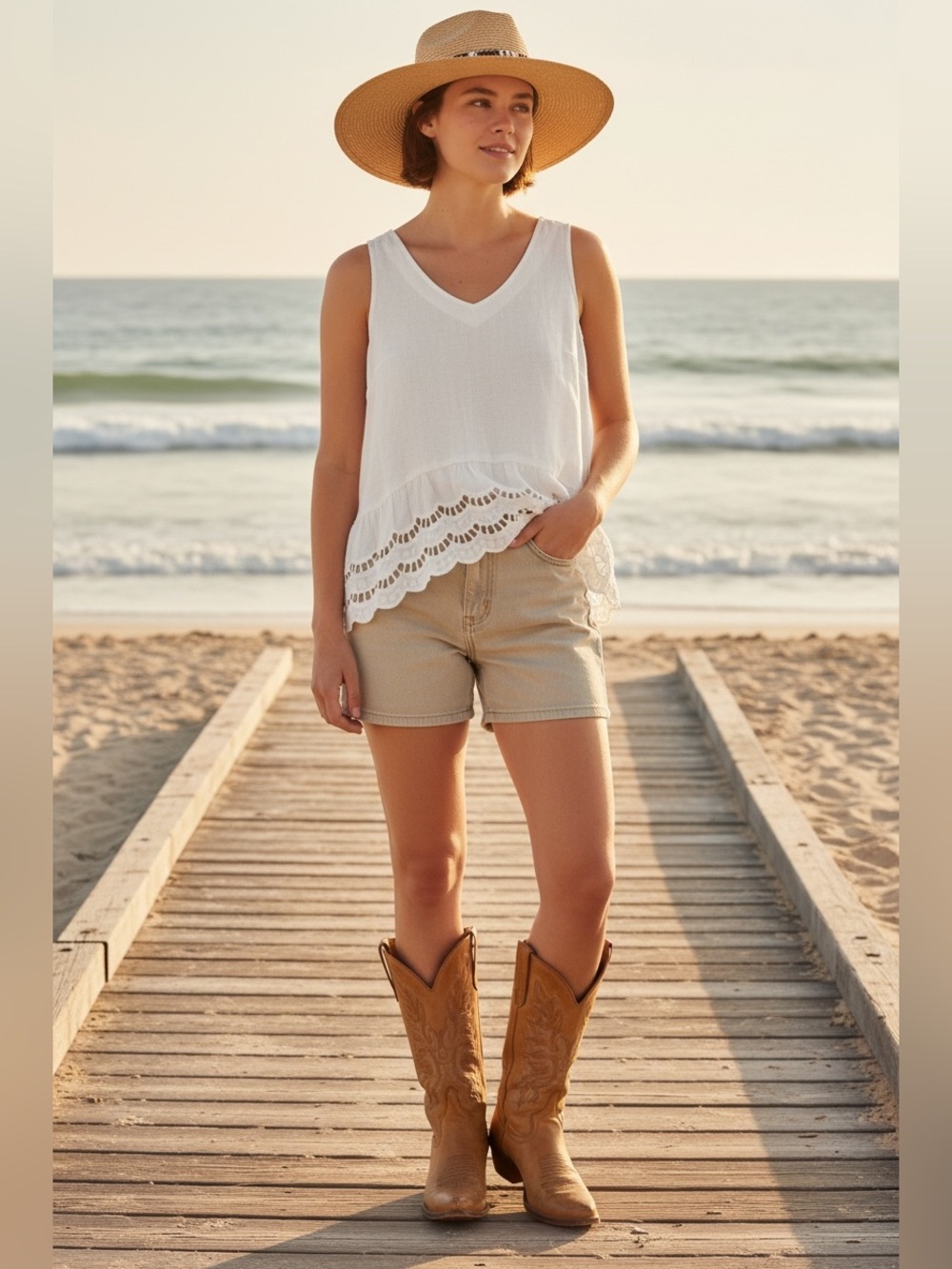 Cottagecore Coastal 100% Linen Italian Made Sleeveless Top with Eyelet Trim